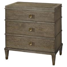 a wooden chest with three drawers on one side and two brass knobs on the other