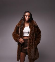 Oversized Faux Fur Coat, Brown Faux Fur Coat, Long Coats, Notch Collar, Crochet Fashion, Faux Fur Coat, Comfortable Outfits, Long Coat, Oversized Fits