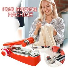 a woman is sewing on a machine with the words mini sewing machine in front of her