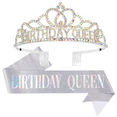 PRICES MAY VARY. AB Silver Rhinestone Tiara + Glitter "Birthday Queen" Sash Gifts Set. Sparkly Sash: Made of soft fabric hot pressed with silver stamping glitter. Premium quality and no coming off glitter. “Birthday Queen” letters of bright colors make the sash look shiny and elegant. Delicate Rhinestone Tiara: Delicate designed for birthday girl specially. Perfect party favors for her cherish one-year-once birthday. Dazzling crystal crown makes the girl the most special one in crowd. One Size F Birthday Sash And Crown, Silver Birthday Party Decorations, Birthday Party Decorations For Women, Silver Birthday Party, Crowns For Women, Gold Birthday Party Decorations, Comb Design, 17th Birthday Ideas, Birthday Crowns