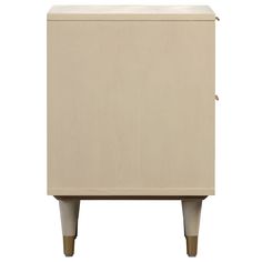 a white cabinet with two legs and a drawer on one side, against a white background