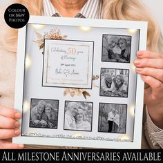 a woman holding up a framed photo with photos on it and the words all milestone anniversary available