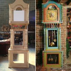 there are two different clocks on display in the same room, one is painted green and the other is made out of wood