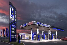 an artist's rendering of a gas station at dusk