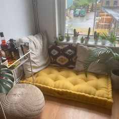 a couch sitting in front of a window next to a potted plant