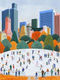 a painting of many people skating in the snow with tall buildings in the back ground