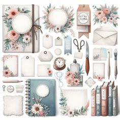 an assortment of stationery items with flowers on them