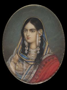 an old portrait of a woman in traditional dress with long hair and earrings on her head