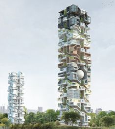 a tall building with lots of balconies on it's sides in the middle of a park