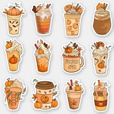 a set of stickers with different types of drinks and pumpkins on them, all in various shapes and sizes