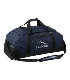 a blue duffel bag with the name l l bean on it