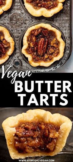 vegan butter tarts with pecans in the middle, and on top of each other