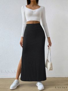 Lasaky - High-Waisted Bodycon Knit Solid Color Skirt with Side Slit Pleats Pattern, Bodycon Midi Skirt, Knitted Skirt, Nature Dress, Party Dress Long Sleeve, Mini Robes, Maxi Robes, Puff Sleeve Dresses, Fitted Top