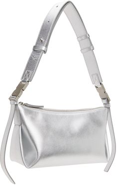 Buffed leather shoulder bag in metallic silver tone. · Adjustable and detachable shoulder strap · Logo stamp at face · Zip closure · Patch pocket at interior · Faux-suede lining · Logo-engraved silver-tone hardware · H6 x W10.5 x D4.5 Supplier color: Silver Silver Bodies, Silver Engraving, Logo Stamp, Faux Suede, Patch Pocket, Leather Shoulder Bag, Metallic Silver, Silver Tone, Shoulder Strap