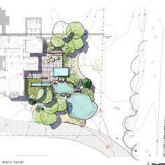 an architectural drawing shows the plan for a house with swimming pools and trees in it