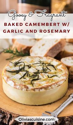 baked camember w / garlic and rosemary with text overlay