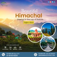 an advertisement for the beautiful himachl in the lap of nature, with mountains and trees