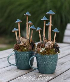 two mugs filled with mushrooms and plants on top of a wooden table