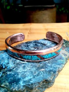 "* Turquoise and Coral Inlay Copper Bracelet. * Polished and Shiny. Waxed Finished. Other your finish will be done by the request. Please contact. * Lacquered will be done by the request. * 0.5\" and 0.75\" Wide Choice. Please mark your wide on the option. * Mark your wrist size on the option. Special Tight or Loose Looks will be done by the request. Leave it on the Note." Turquoise And Coral, Turquoise Bracelet Cuff, Turquoise Cuff, Turquoise Rings, Copper Bracelet, Granada, Cuff Bracelet, Cuff Bracelets, Leather Bracelet