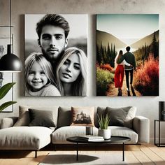 a living room filled with furniture and pictures on the wall next to a coffee table