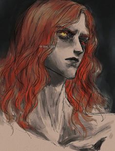 a drawing of a woman with long red hair and yellow eyes looking to the side