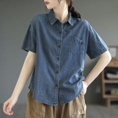 Women Summer Casual Minimalist Cotton Denim Blouse Casual Non-stretch Button-up Top, Medium Wash Chambray Button-up Blouse, Blue Non-stretch Casual Denim Top, Denim Blue Tops With Pockets For Summer, Casual Relaxed Fit Denim Top Made Of Tencel, Casual Light Wash Tencel Tops, Denim Blue Relaxed Fit Denim Top, Casual Medium Wash Blouse, Relaxed Fit Denim Blue Top