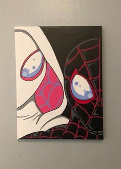 a painting of a woman wearing a spider - man bra with her eyes closed, on a gray wall