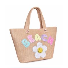 Get transported to a tropical paradise with this chic 'Beach' handbag-inspired tote bag! This standard-sized tote is constructed out of soft straw for comfortable wear and embellished with the playful details you know and love from OMG - including heart-shaped gem accents and a large sparkly daisy patch! Island time is just one tote away! Dimensions10.375”H x 18.5”W x 5”D Beach Handbag, Daisy Patches, Glam Bag, Straw Tote Bag, Types Of Buttons, Straw Tote, Large Backpack, Tropical Paradise, Mini Backpack