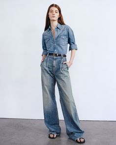 FLORA TROUSER JEAN | Nili Lotan Recycled Denim Jeans With Belt Loops For Work, Classic Faded Wide Leg Bottoms, Medium Wash Wide-leg Flare Jeans For Work, Chic Medium Wash Jeans With Patch Pockets, Wide-leg Jeans For Work In Medium Wash, Classic Washed Blue Jeans For Work, Wide-leg Denim Jeans With Patch Pockets, Fitted Wide-leg Denim Jeans, Rigid Denim Flare Jeans With Five Pockets For Work