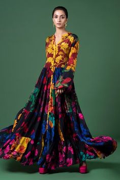 Multicolour tiered dress featuring floral vine prints. - Aza Fashions Indian Maxi Dress, Indian Maxi, Anthropology Dresses, Print Chiffon Maxi Dress, Empire Maxi Dress, White Flower Dress, Kimono Maxi Dress, Chic Maxi Dresses, White Halter Dress