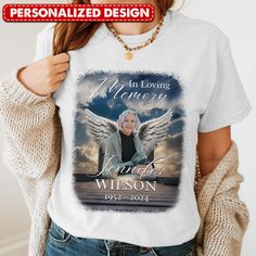 In Loving Memory Custom Upload Photo Angel Wings Personalized Memorial T-shirt Memorial Shirt Ideas, Memory Crafts, Luggage Covers, Shirts Ideas, Tshirt Crafts, Leather Passport Cover, Loving Memory, Passport Cover, 3d T Shirts