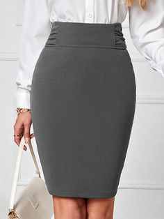 Grey Elegant Collar  Fabric Plain Pencil Embellished Medium Stretch Spring/Summer Women Clothing Pencil Skirts Outfit, Pencil Skirt Outfits, Grey Pencil Skirt, Knee Length Skirt Pencil, Women Skirts, Women's Blouses, Pencil Skirts, Straight Skirt, Skirt Design