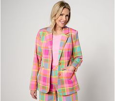 Isaac Mizrahi Live! 24/7 Stretch Plaid Blazer with Pockets - QVC.com Tailored Plaid Blazer For Spring, Spring Tailored Plaid Blazer, Spring Single Breasted Plaid Blazer, Spring Single-breasted Plaid Blazer, Trendy Plaid Outerwear For Spring, Summer Multicolor Blazer For Work, Summer Multicolor Workwear Blazer, Summer Multicolor Blazer For Workwear, Spring Plaid Blazer With Lapel Collar