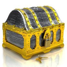 a yellow and silver chest with two locks on it