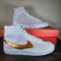 Nike Blazer Mid '77 D Gs Size: Us Womens 8.5 / Youth 7 Color: Pink Metallic Copper Barely Grape New Condition With Original Box. Defect Is Glue Spot On Nike Swoosh As Shown In Last Photo. Please Examine Pictures For Condition Details Before Purchasing! Smoke-Free Home. Shipped Same Day Or Next Day. Excluding Holidays And Weekends. New Shoes Daily! Follow For New Arrivals! Nike Custom Sneakers With Gum Sole For Spring, Pink Mid-top Custom Sneakers With Contrast Sole, Pink High-top Sneakers With Contrast Sole For Spring, Nike High-top Sneakers For Spring, Pink Custom Sneakers With Vulcanized Sole For Spring, Custom Pink Sneakers With Vulcanized Sole For Spring, Spring Pink Custom Sneakers With Vulcanized Sole, Nike Pink Sneakers With Vulcanized Sole, Pink High-top Sneakers With Gum Sole For Spring