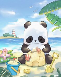 a panda bear sitting on top of a sandy beach next to the ocean with toys