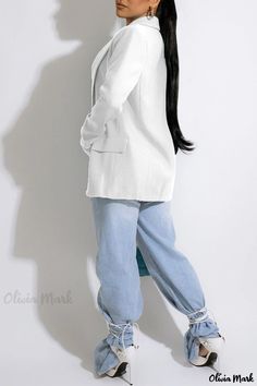 Olivia Mark - Professional White Work Outerwear with Button-Back Collar and Solid Patchwork Design White Blazer With Pockets For Office, White Office Blazer With Pockets, White Office Outerwear With Pockets, Casual Office Wear Blazer In Solid Color, Casual Blazer For Office Wear, Casual Office Wear Blazer, Casual Office Blazer In Solid Color, Solid Color Lapel Collar Blazer For Work, Classic Solid Color Blazer For Workwear