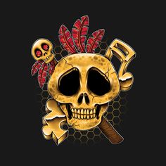 a skull with a baseball bat and two skulls on it's head, in front of a black background