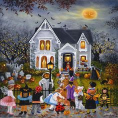 a painting of children in front of a halloween house