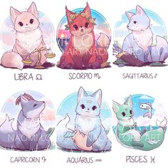 four different types of cats sitting in front of each other with zodiac signs on them