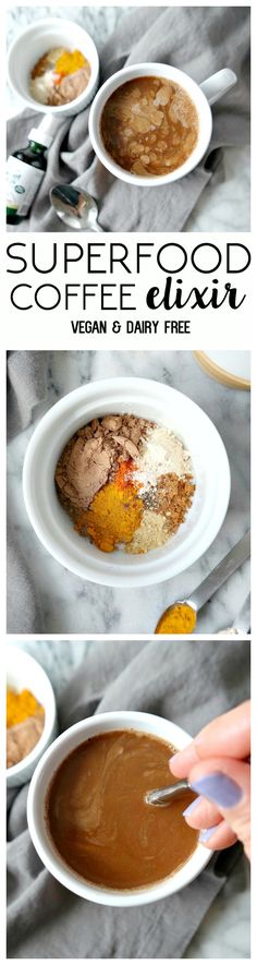 the steps to make this superfood coffee cake are shown in three different bowls