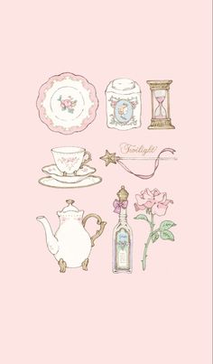 a pink background with teapots, cups and saucers