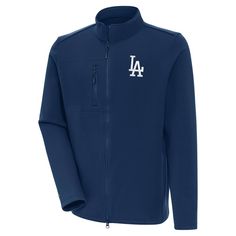 Represent your Los Angeles Dodgers with style and comfort in this Antigua Objection Full-Zip Jacket. This midweight jacket is perfect for moderate temperatures, and the embroidered Los Angeles Dodgers graphics will show off your team spirit. The two-way covered zipper and on-seam hip pockets add convenience, while the Antigua A' on the right cuff adds a touch of style.  Whether you're at Dodger Stadium or watching from home, this jacket will keep you comfortable and stylish all season long. Sports Outerwear With Embroidered Logo And Long Sleeve, Outdoor Long Sleeve Outerwear With Embroidered Logo, Long Sleeve Outerwear With Embroidered Logo For Outdoor, Winter Track Jacket With Embroidered Logo, Long Sleeve Outerwear With Embroidered Logo For Fall, Fitted Long Sleeve Outerwear With Embroidered Logo, Casual Fitted Outerwear With Embroidered Logo, Fitted Winter Outerwear With Embroidered Logo, Dodger Stadium