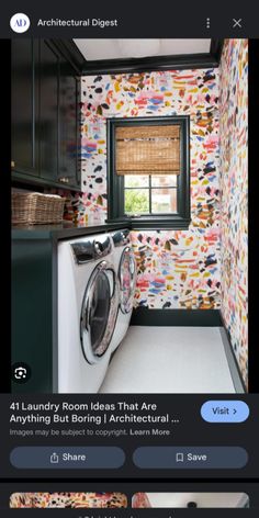 an image of a laundry room with colorful wallpaper