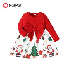 Product Introduction: “Dress your toddler girl with our sweet, hyper-tactile Christmas graphic bowknot design splice long-sleeve dress.”* Fabric: Top - 95% Polyester, 5% Spandex. Bottom - 100% Polyester.* Care Instruction: Machine wash and tumble dry. Key Features: * Christmas graphic design on a long-sleeve dress* Soft and comfy hyper-tactile fabric* Features a bowknot design and splice* Round neckline and long sleeves * Sweet style suitable for various occasions and seasons* Available in sizes Kids Dress Design, Girls Fashion Kids, Toddler Girl Christmas Dresses, Long Sleeve Dresses Fall, Toddler Christmas Dress, Christmas Graphic Design, Sheer Swimsuit, Long Sleeve Cotton Dress, Baby Christmas Outfit