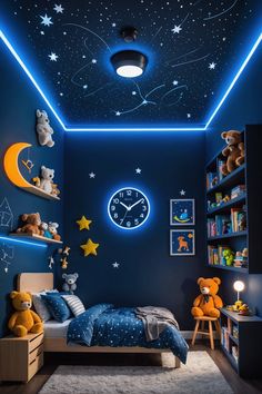 a child's bedroom with blue walls and stars on the ceiling is lit by lights