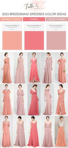 the color guide for bridesmaid dresses in peach and coral pink, with different colors