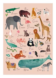 an animal alphabet poster with animals and other things in the letters on it's side