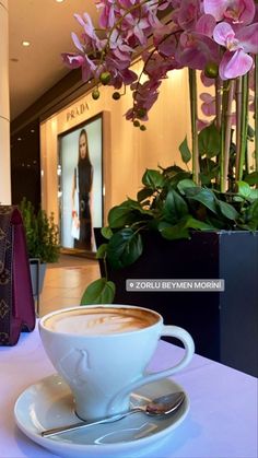 a cup of coffee sitting on top of a saucer next to a purple bag