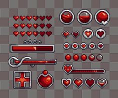 an old school pixel art set with hearts and other items for the game, as well as